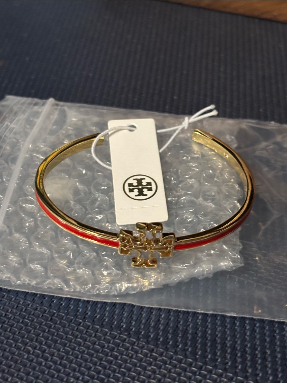 BNWT Tory Burch Gold-Tone Cuff Bracelet with Red Enamel Detail